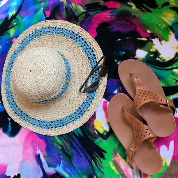 Boho wide brim round beach sun hat woven straw beads turquoise blue cream summer - Picture 7 of 7